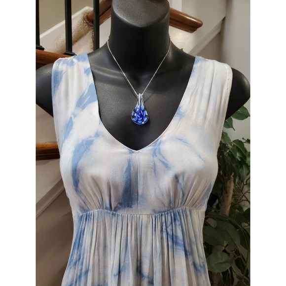 Raviya Womens White Blue Tie Dye 100% Rayon V Neck Sleeveless Maxi Dress Small - Picture 2 of 13